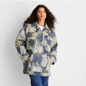 Women's Denim Floral Print Faux Shearling Jacket XL